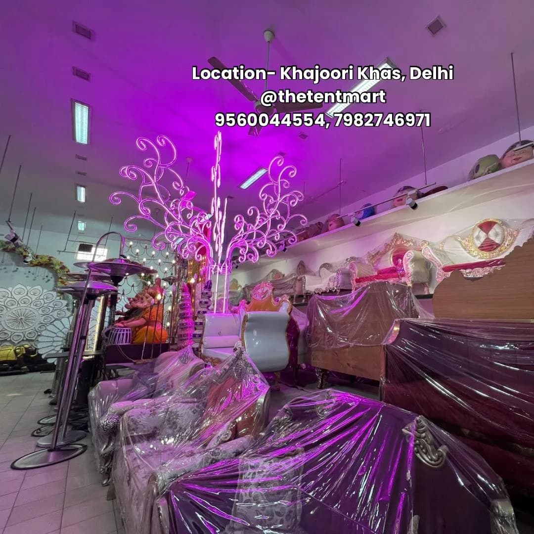 Showroom aisle, decor props under purple accent lighting