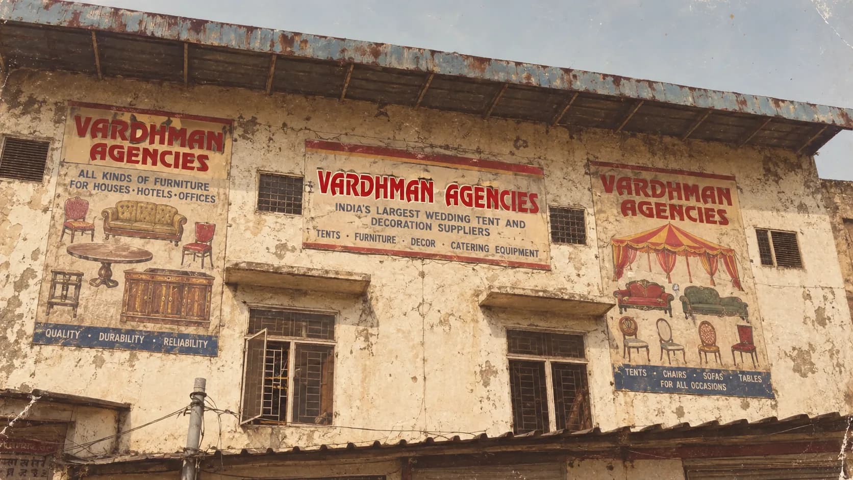 Vardhman Agencies building in Delhi with its painted signboard for wedding tent and decoration suppliers