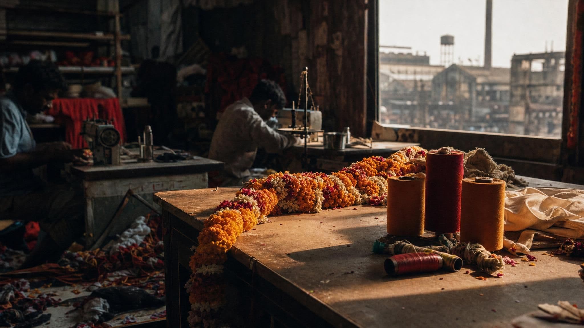 In-house stitching workstation with a marigold garland and thread spools in a workshop