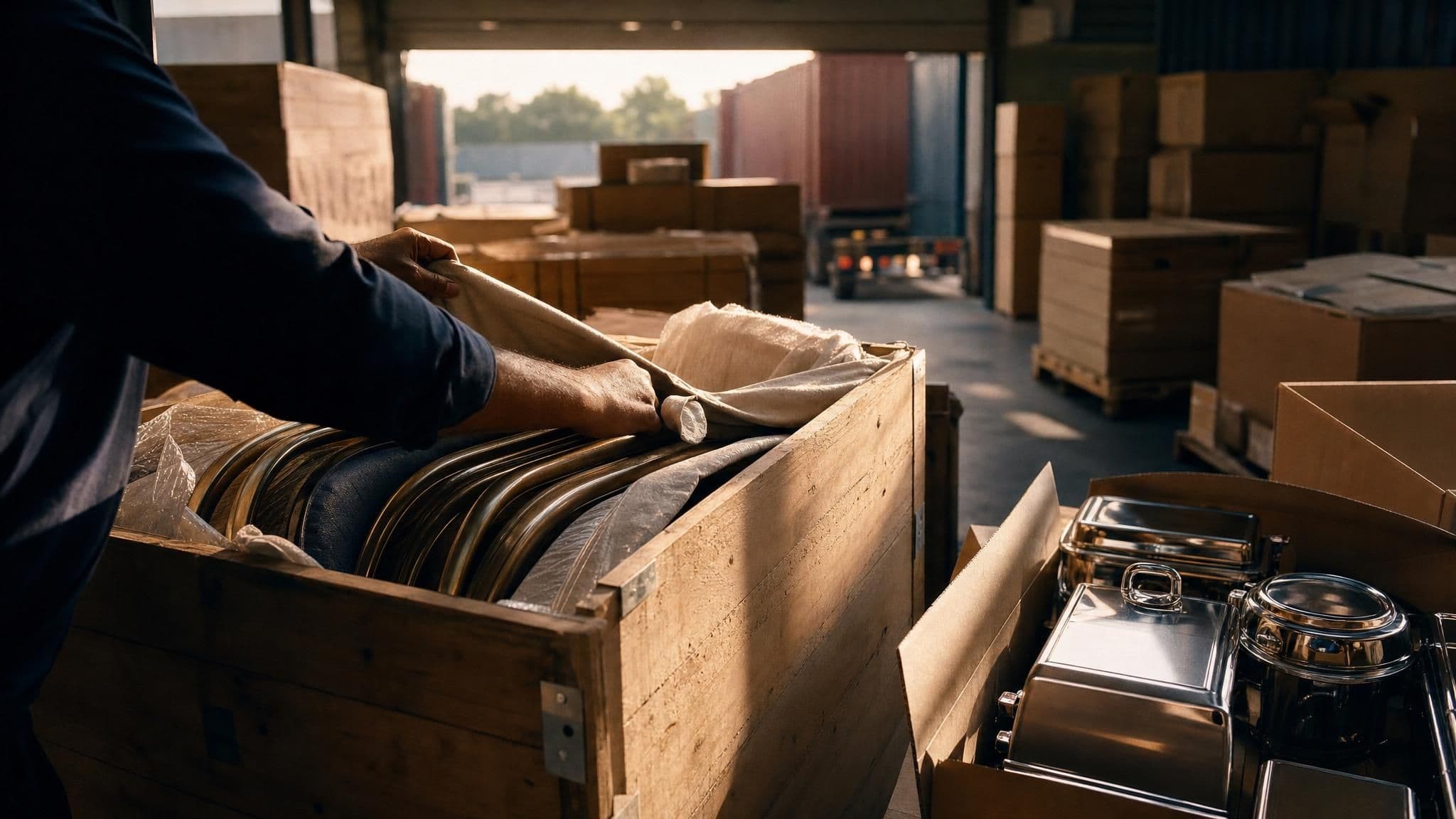Hands unpacking imported stainless steel catering ware from a wooden crate in a warehouse