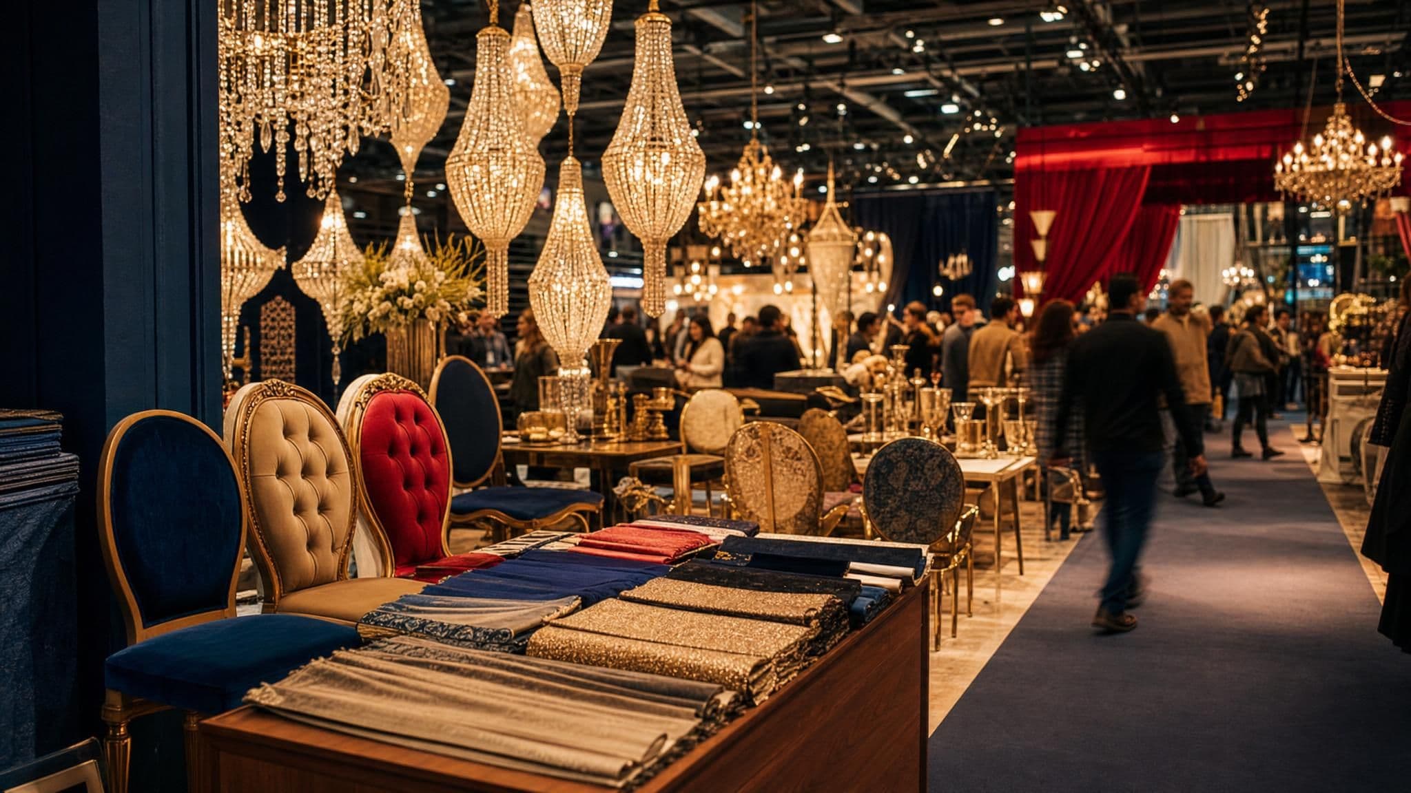 Trade exhibition stall with chandeliers, banquet chairs and fabric swatches, with visitors browsing