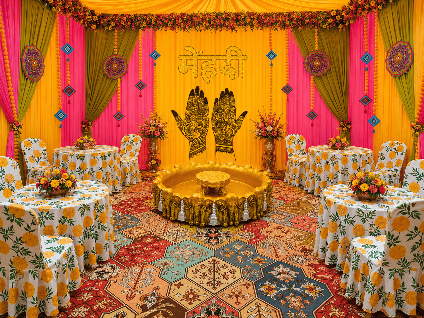 Haldi and mehendi setup with yellow and pink drapes, a patterned carpet and a brass urli