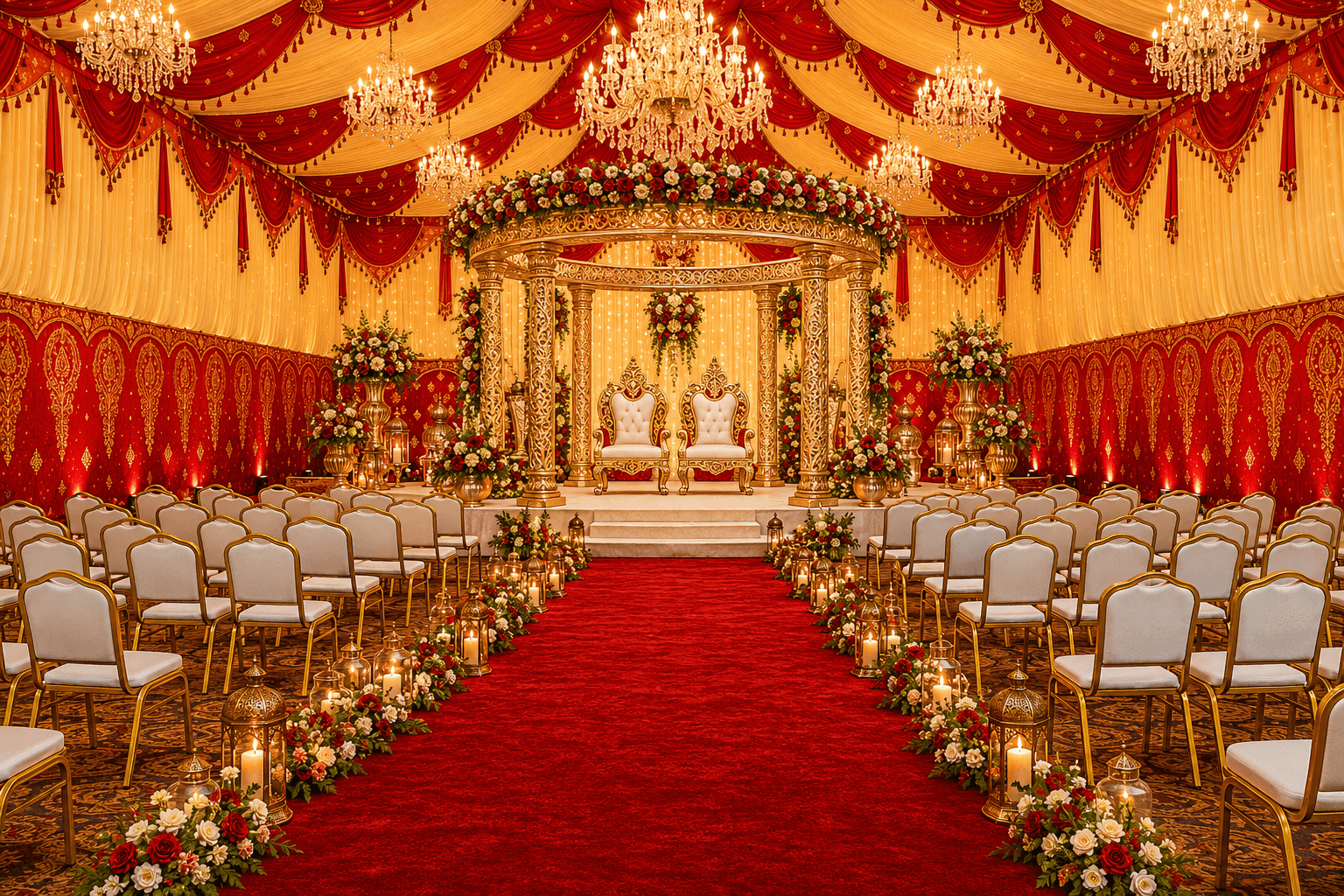 Royal wedding reception with gold banquet chairs, a red carpet aisle and a floral mandap