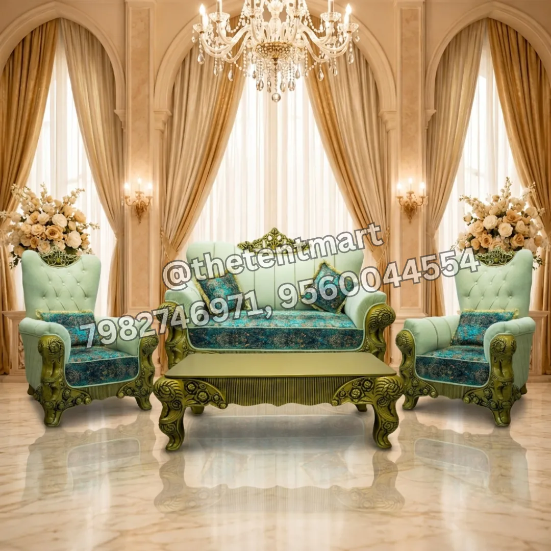 White and Blue Premium Malaysia Jaimala Sofa with Cushions Two Armchairs and a Table, product code MWS-003A