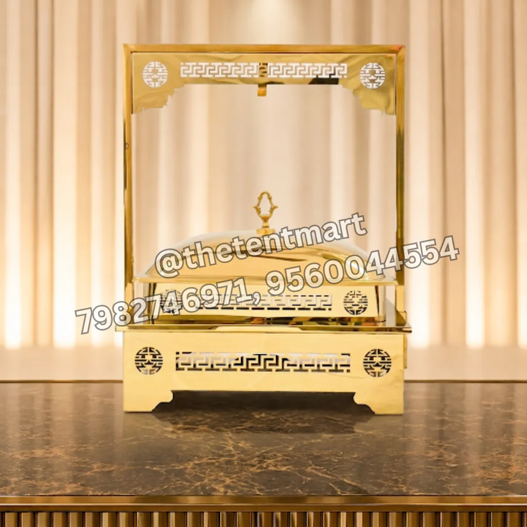 Square-Shaped Stainless Steel Golden Serving Dish with Hanger for Catering, product code SD-610