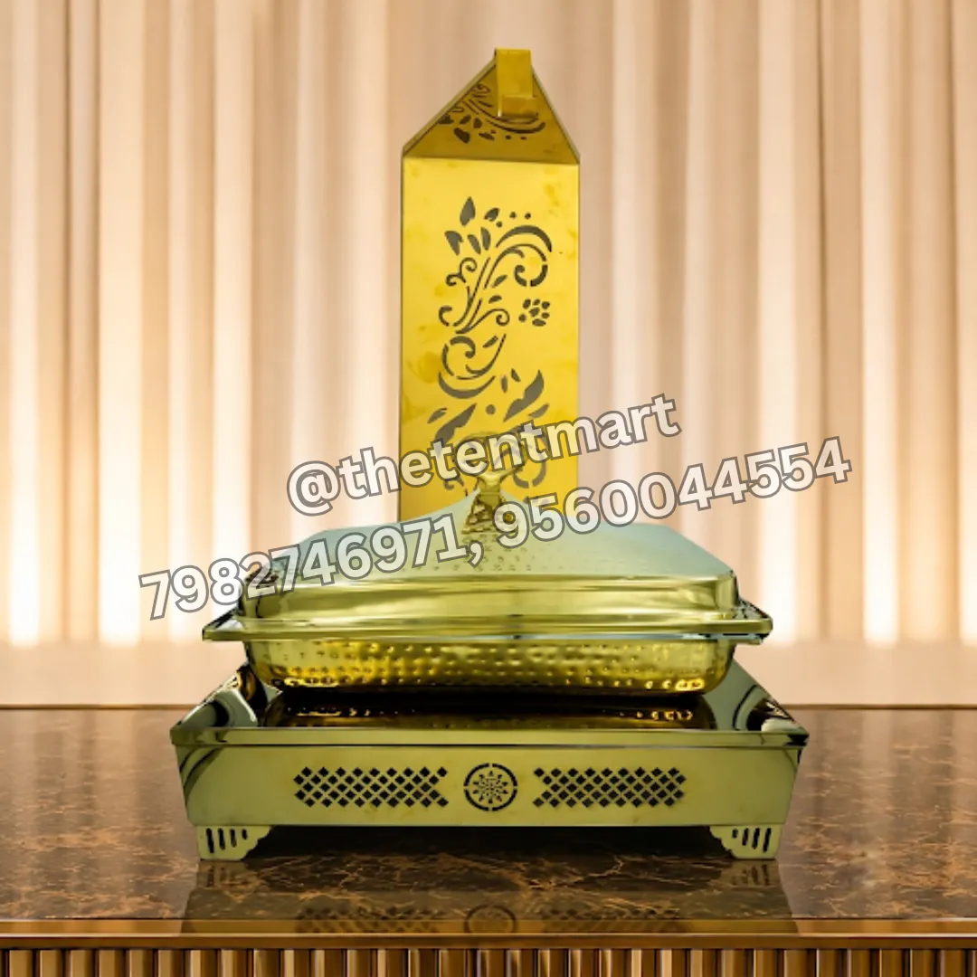 Golden PVD Serving Dish with a Square Base and Laser-Cut Design, product code SD-704