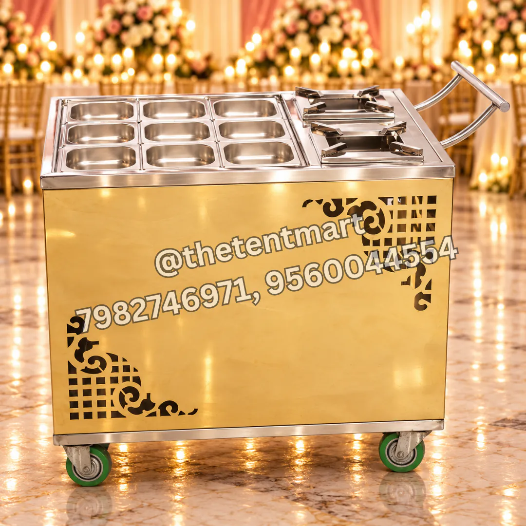 Laser-Cut Designer Stainless Steel Snack Trolley with Two Burners, product code CA-452
