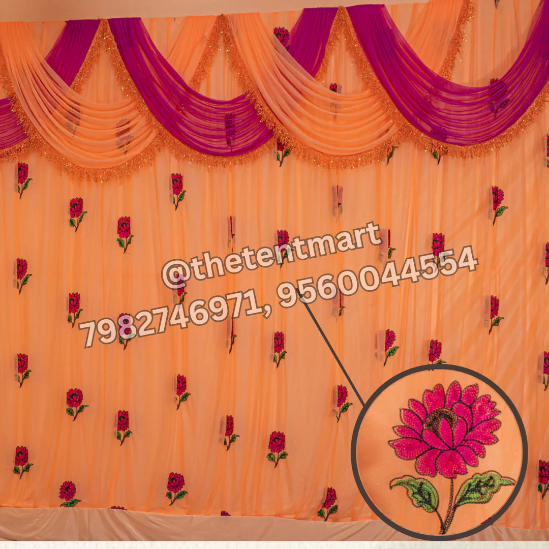 Orange and Red Galaxy Curtain with Top Draping and Rose Block Print, product code CT-407