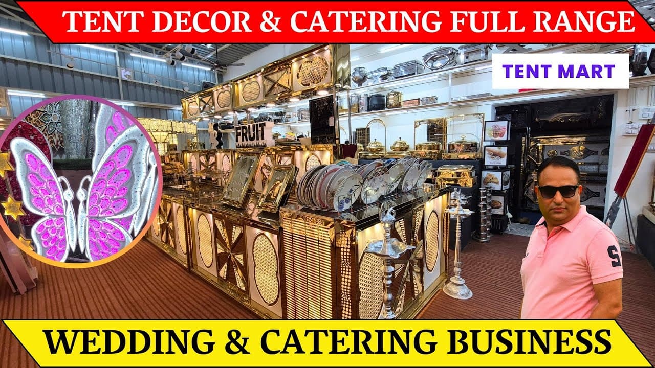 Video walkthrough of the TentMart showroom in Delhi, showing catering counters and chafing dishes