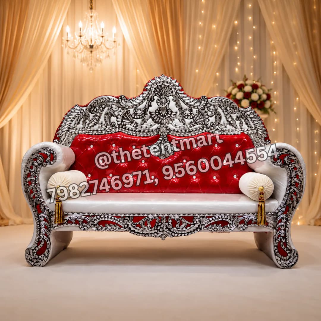 Silver Red and White Catchy and Vibrant Jaimala Sofa for Wedding Stage, product code BMW-024