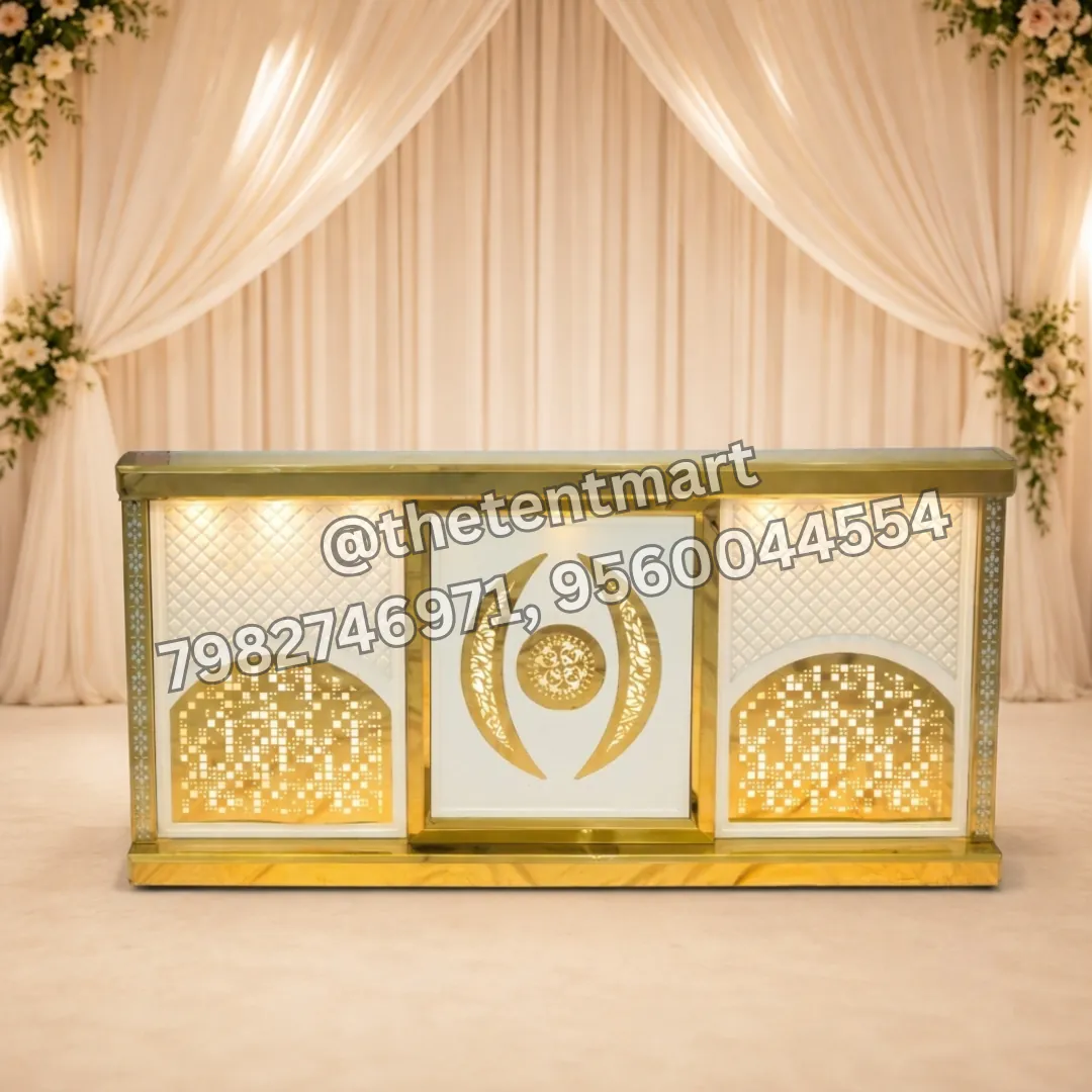 White and Gold Laser-Cut Sun and Moon Design Catering Counter with LED Lights, product code CA-612