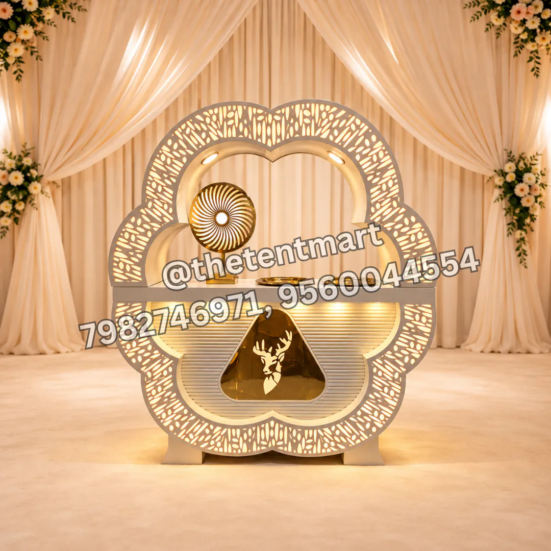 Cloud-Shaped White Catering Counter with Golden Decorations and LED Lights, product code CA-678