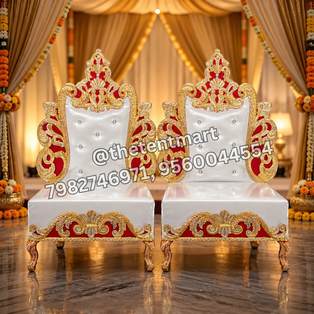 Beautiful White Cushion Comfortable Mandap Pata with Golden and Red Frame, product code JC-113