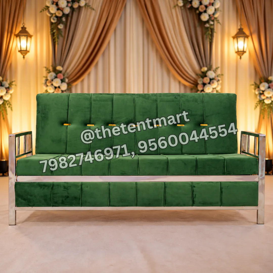 Green 3-Seater Wedding Guest Sofa with Stainless Steel Frame and Foldable Back, product code BS-063