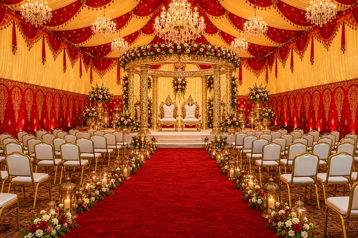 Royal wedding reception with gold banquet chairs, a red carpet aisle and a floral mandap