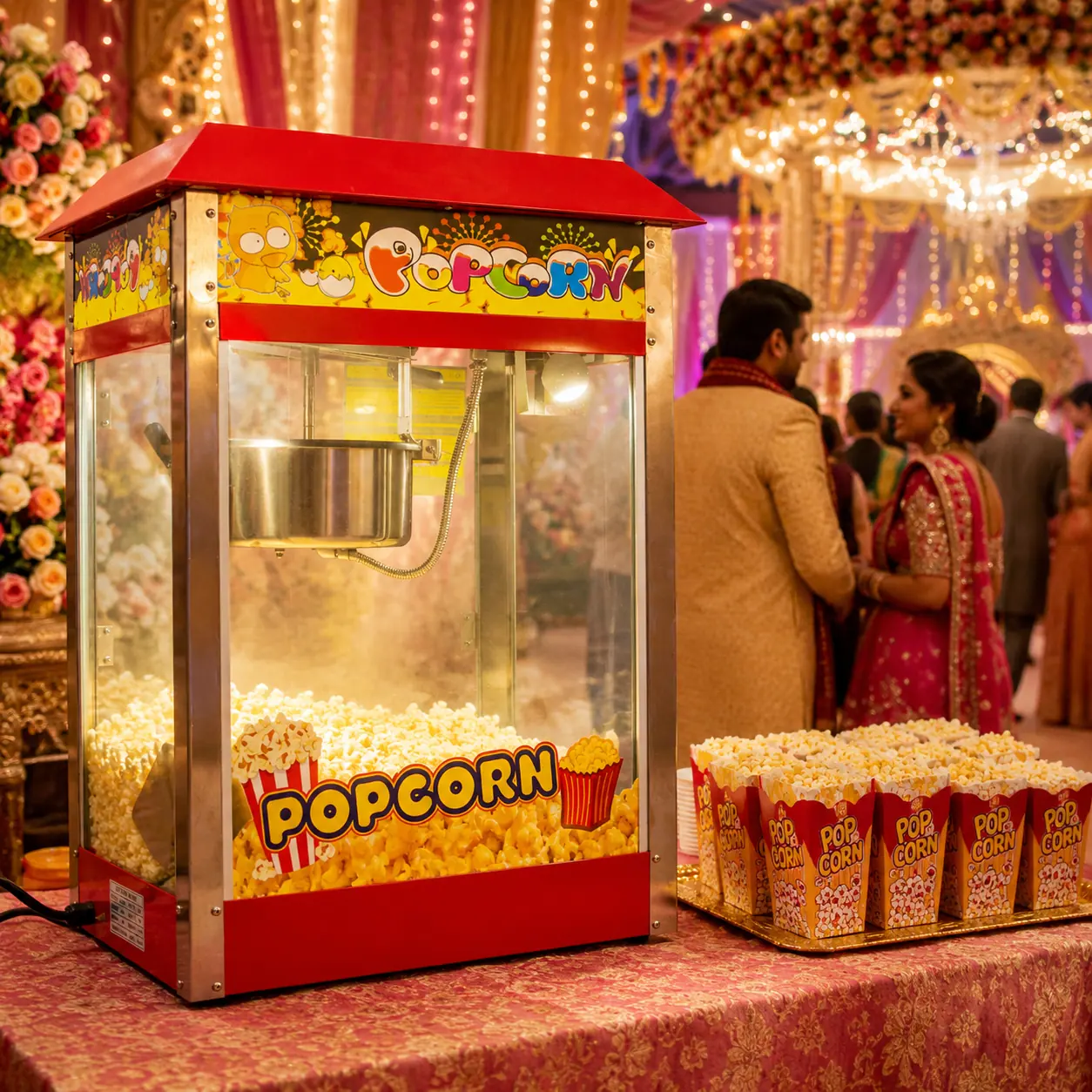 Popcorn machine with branded boxes at a wedding reception