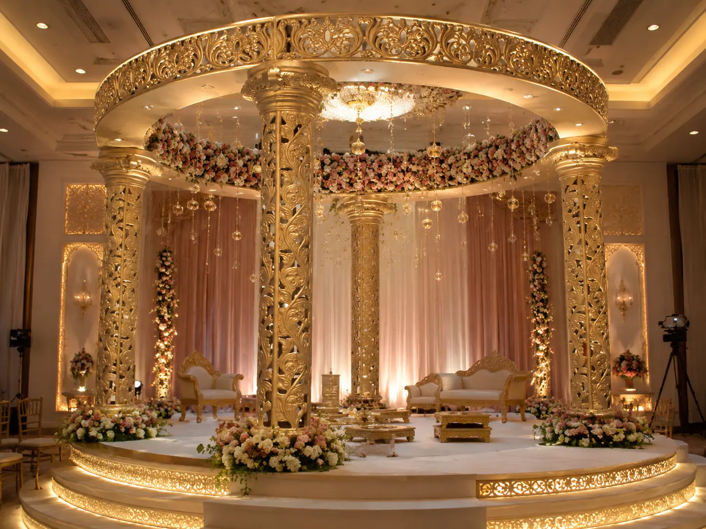 Gold carved mandap with a floral ring and cream drapes on a raised stage